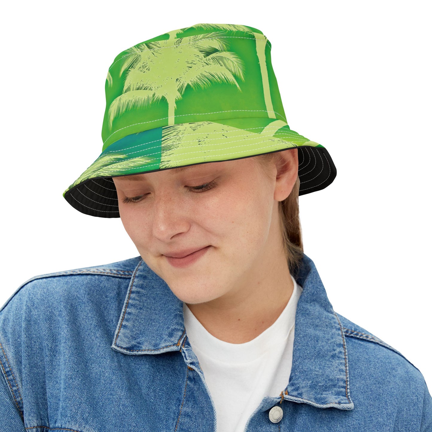 Tropical Palm Glow Green / Polyester Bucket Hat for Beach Lovers
