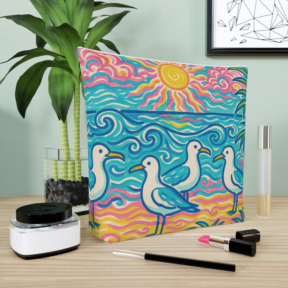 Tropical Cotton Cosmetic Bag, Makeup Pouch, 5 Sizes / Beach Seagulls
