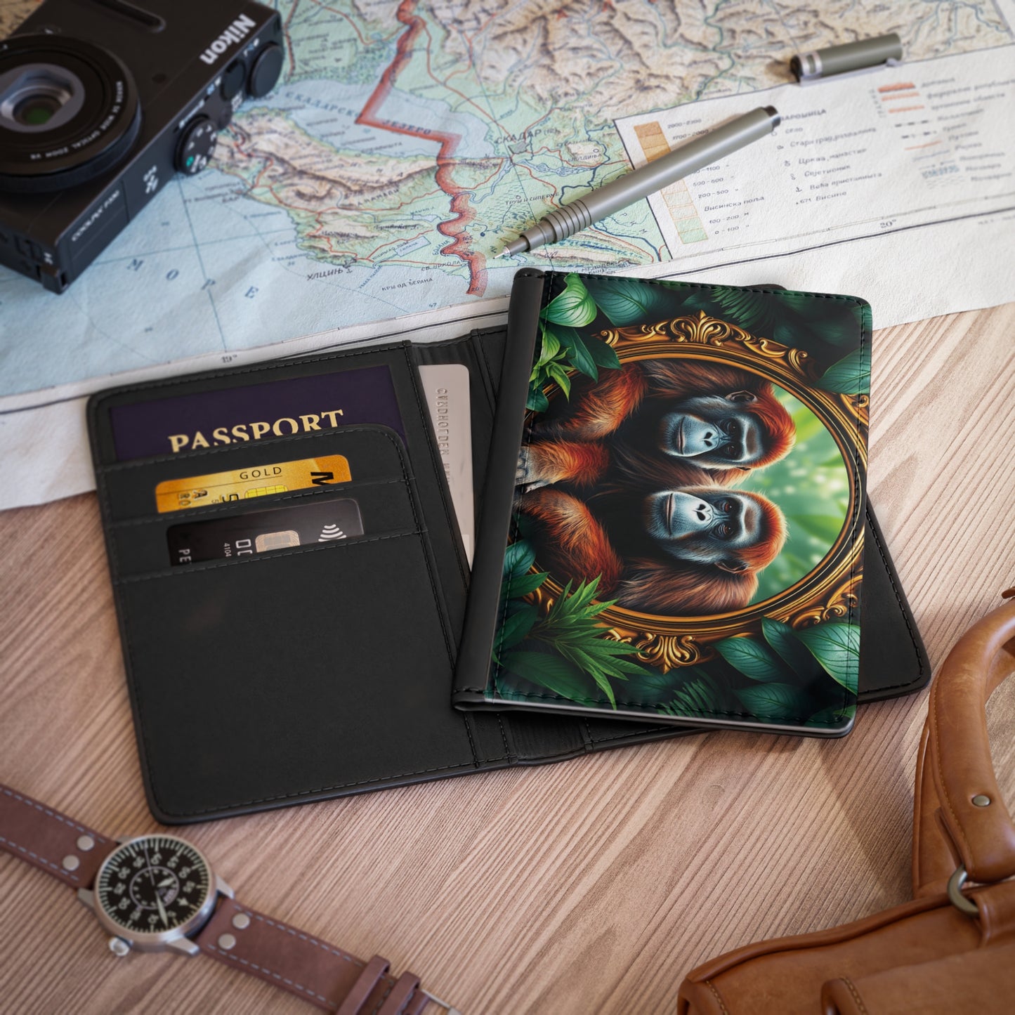 Tropical Passport Cover, Faux Leather - RFID blocking for travel security / Rainforest Framed Orangutan Apes