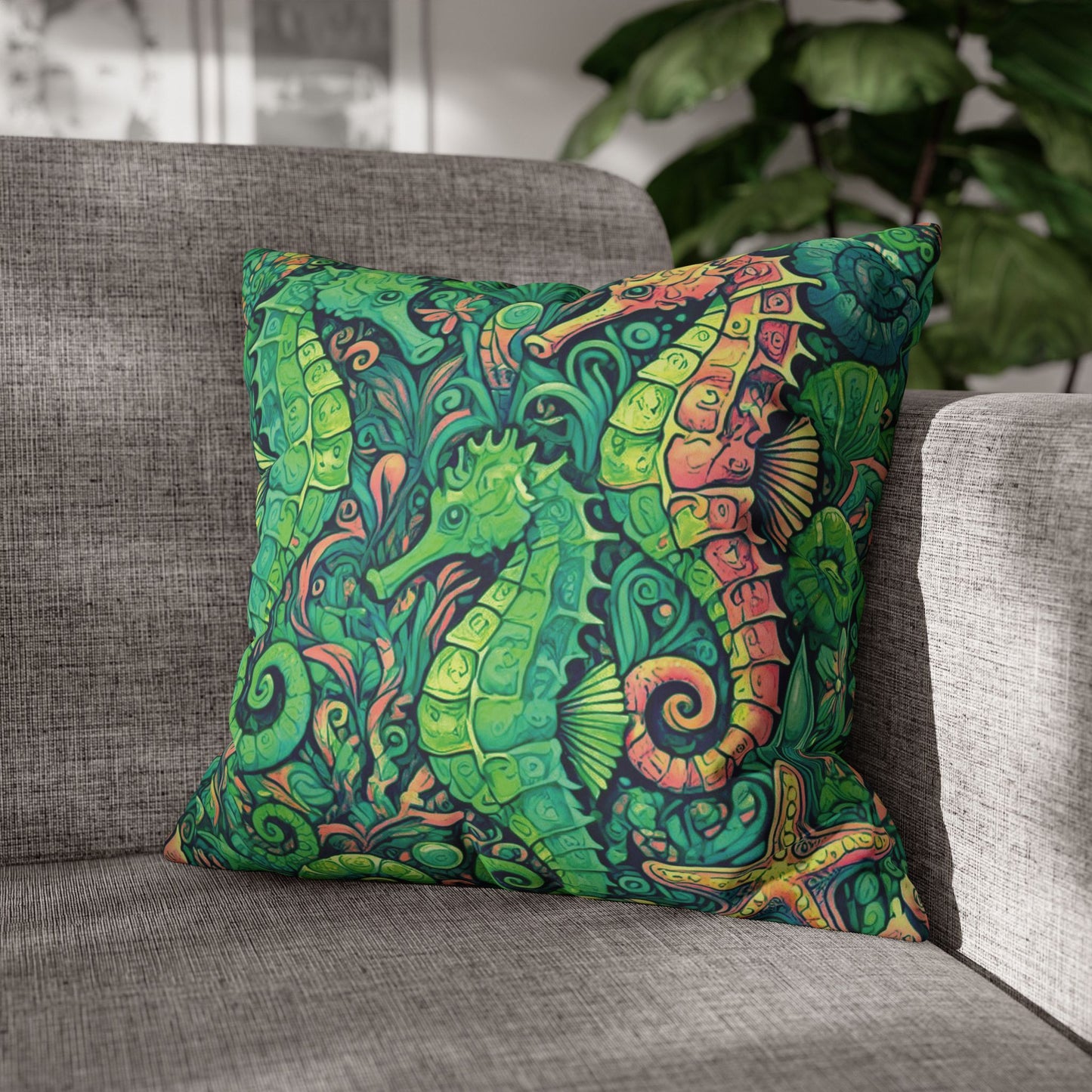 Faux Suede Square Pillowcase - Seahorse Trio/Hot Lime