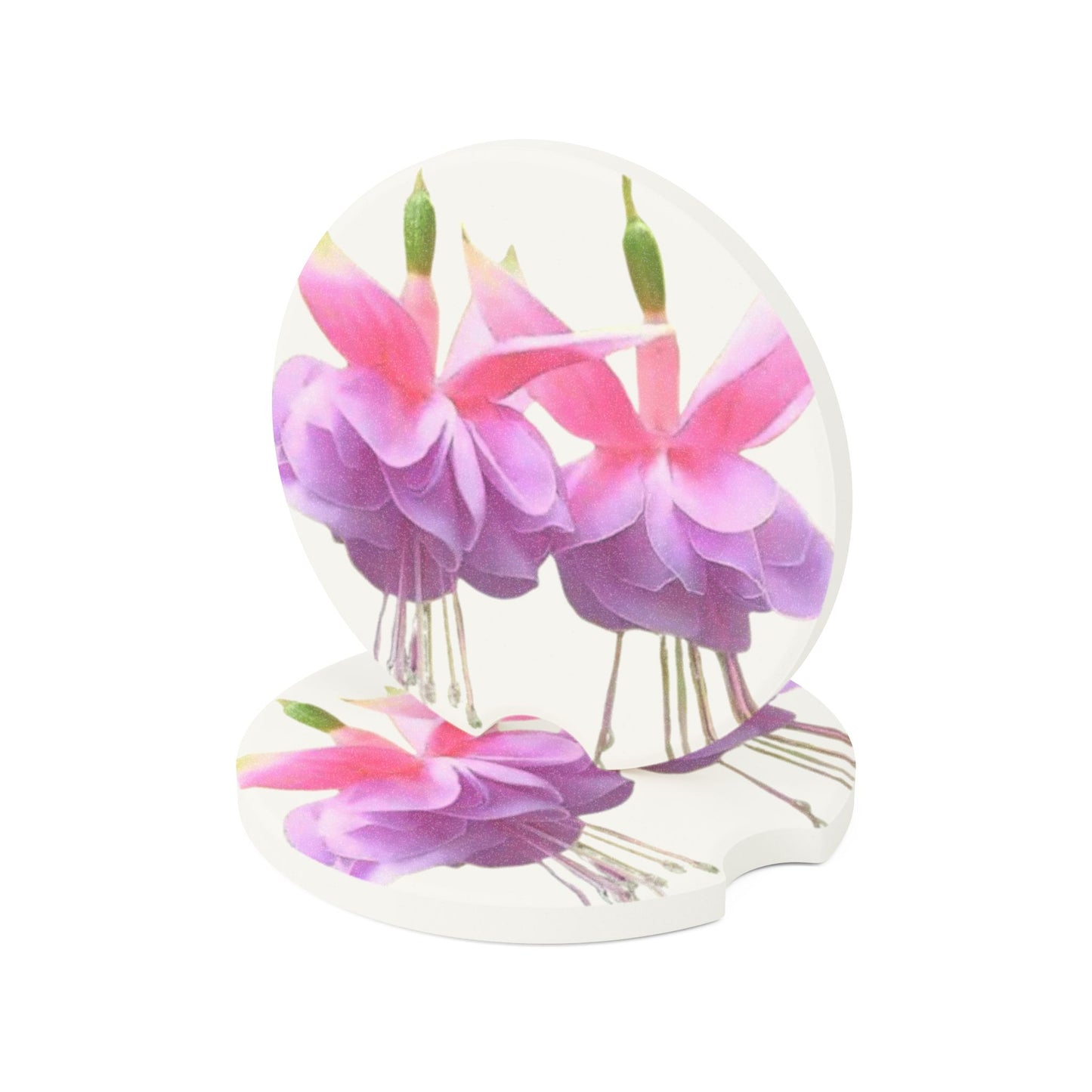 Soapstone Car Coaster - Two Fuchsias, White