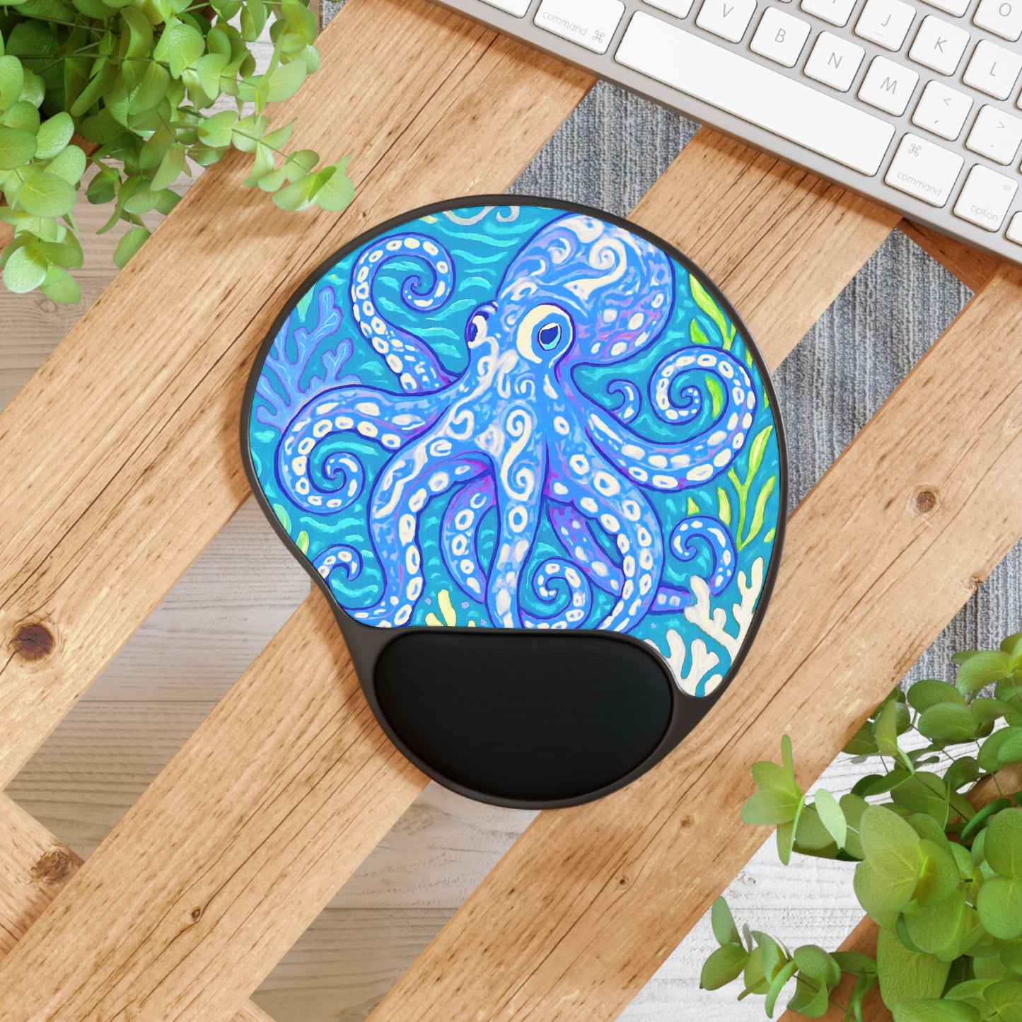 Kraken Joe/Blue Tropical Mouse Pad with Wrist Rest - Ergonomic Octopus Design for Home & Office