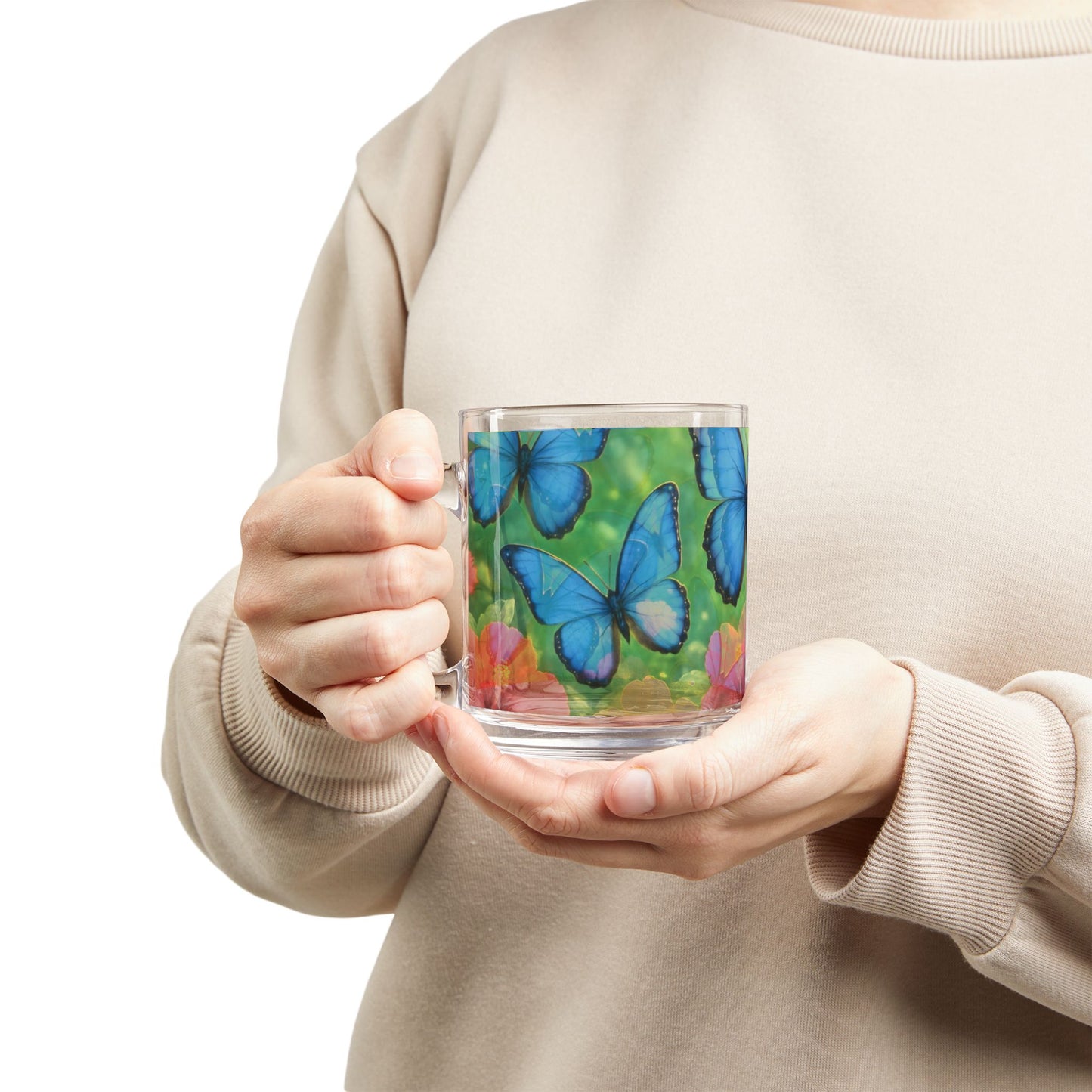 Tropical Glass Mug - 10oz Coffee Cup / Morpho Butterflies Flight