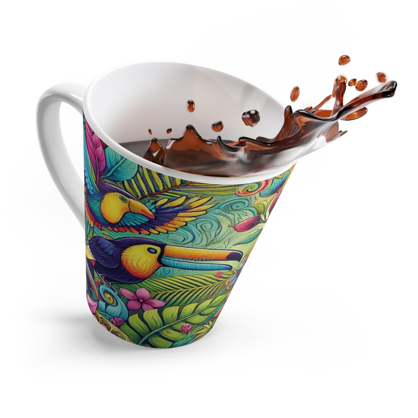 Latte White Mug - Colorful Parrots / Rainforest Music