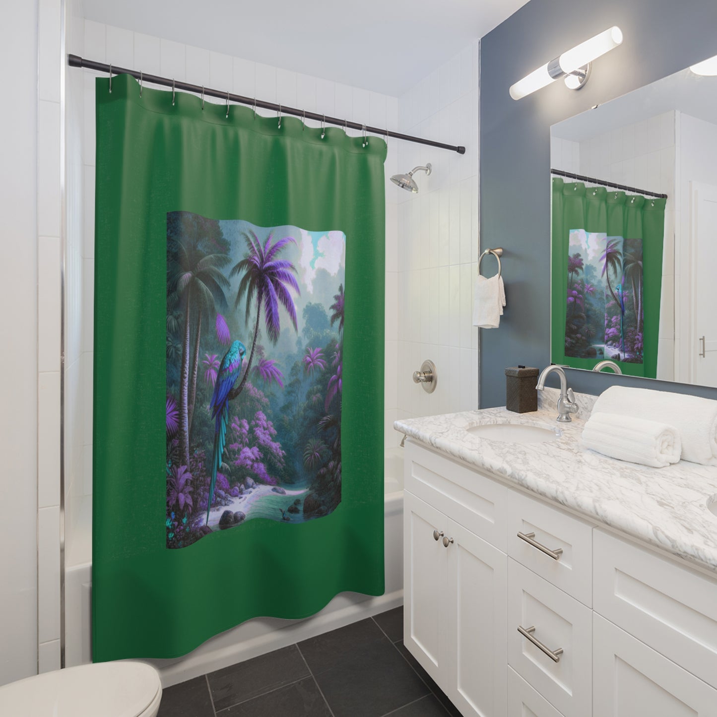 Tropical Shower Curtain - Rainforest Bathroom Decor / Sleeping Beauty Fantasy, Dark Green