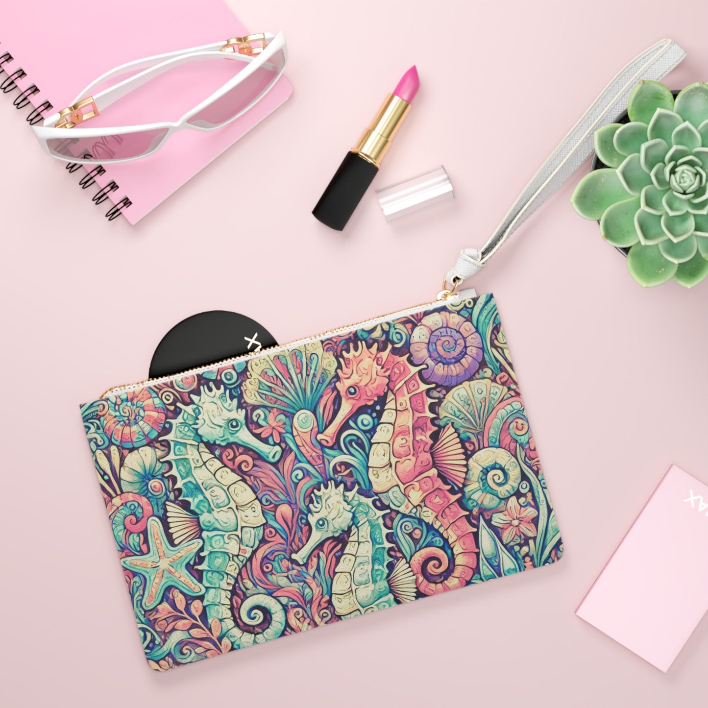 Tropical Faux Leather Clutch Bag - Perfect for Beach Adventures & Summer Vacations / Seahorse Trio, Retro