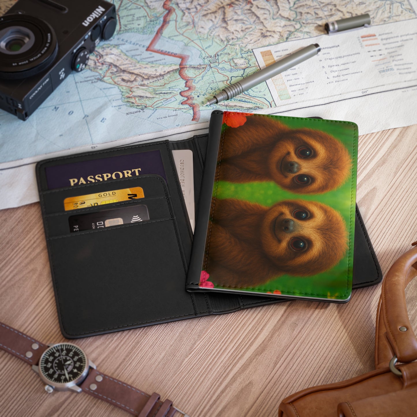Tropical Passport Cover, Faux Leather - RFID blocking for travel security / Rainforest Baby Sloths