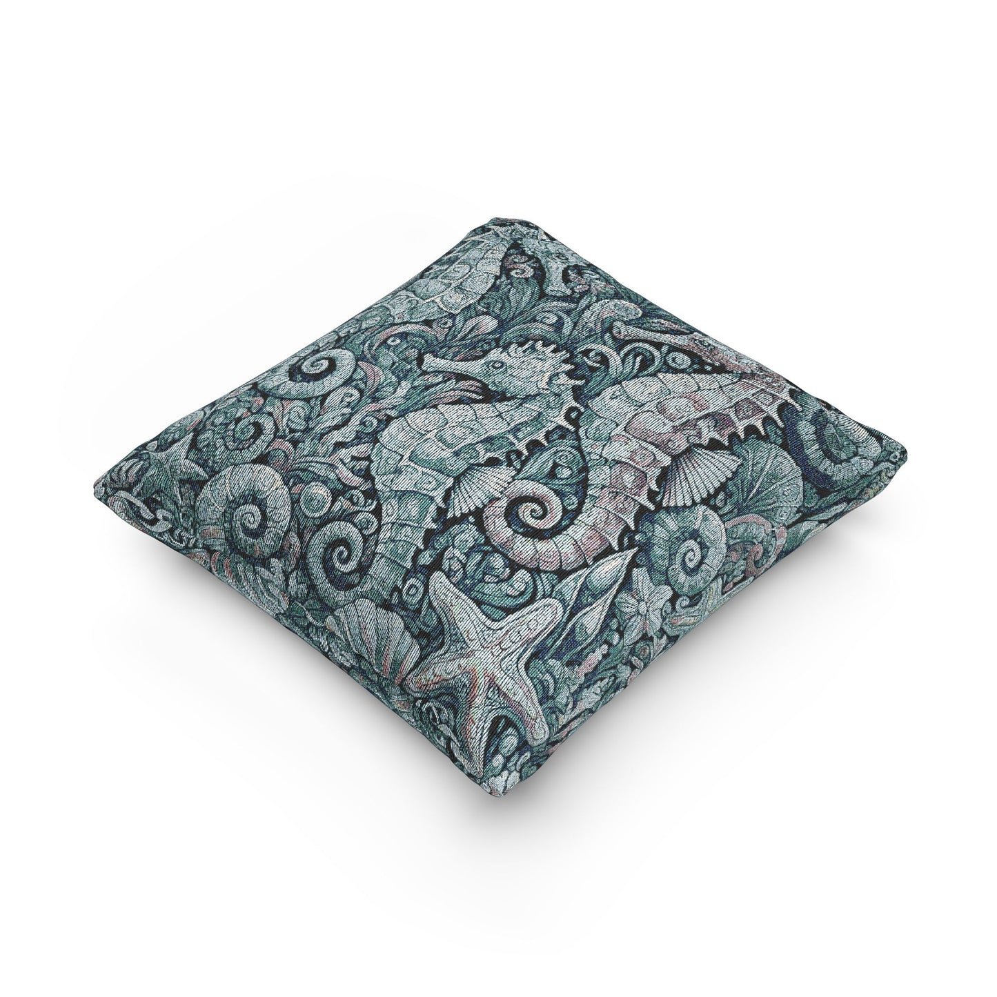 Woven Pillow, 17"W x 18"L - Seahorse Trio, Blue