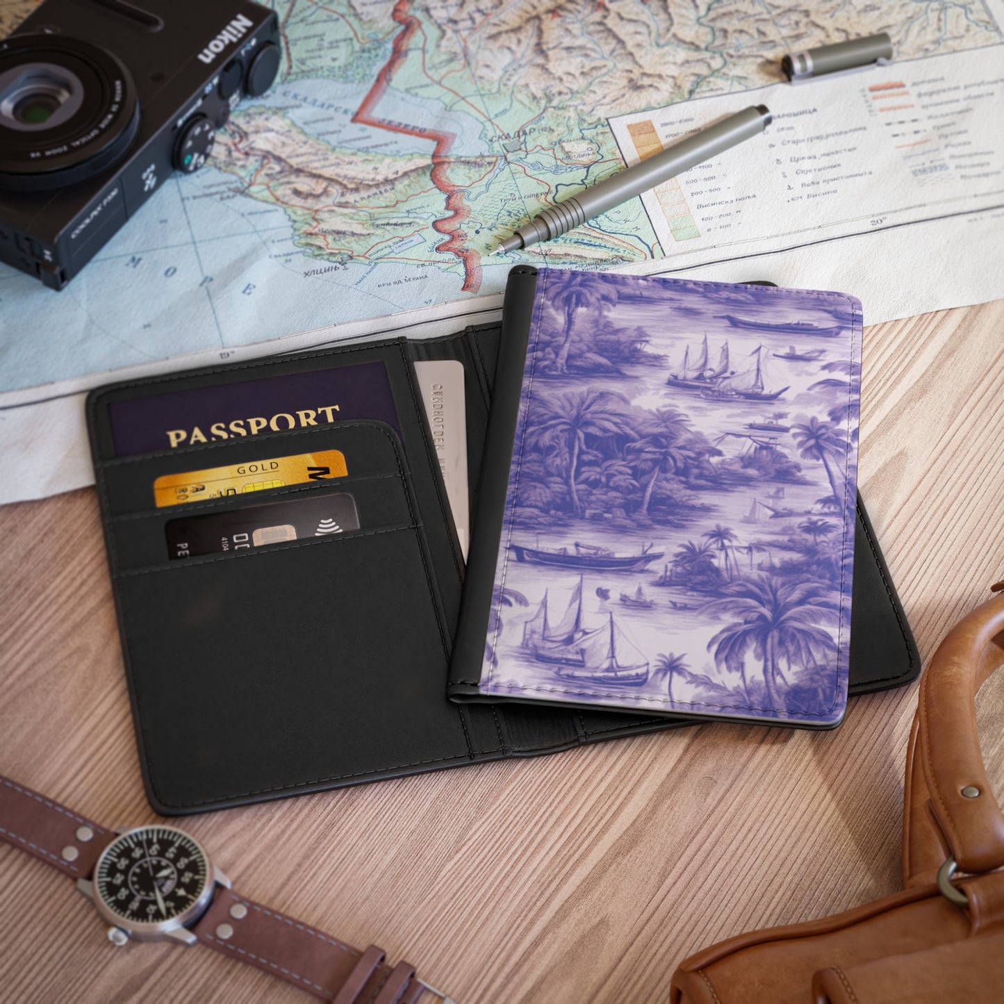 Tropical Passport Cover, Faux Leather - RFID blocking for travel security / Tropical Toile, Purple