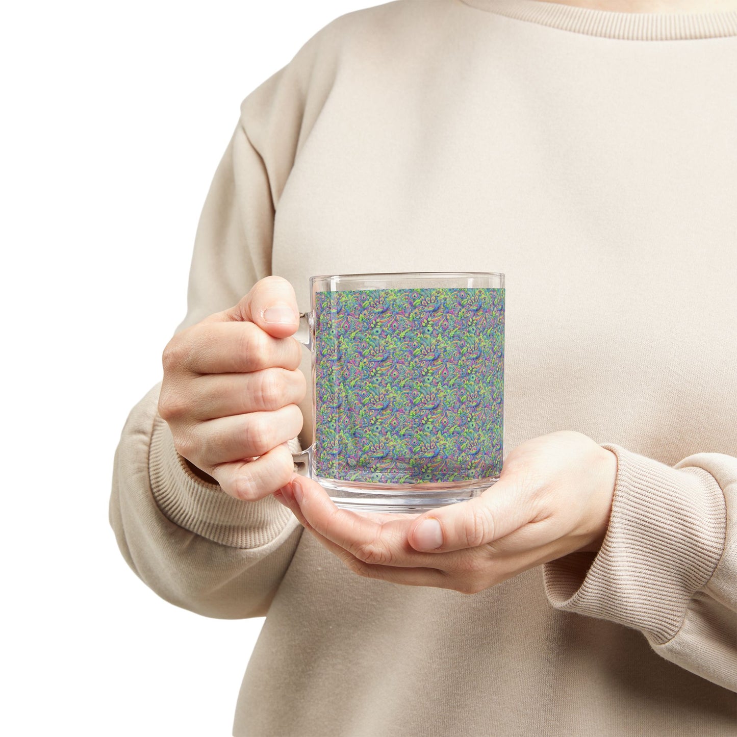 Tropical Glass Mug - 10oz Coffee Cup / Peacock Prism, Micro