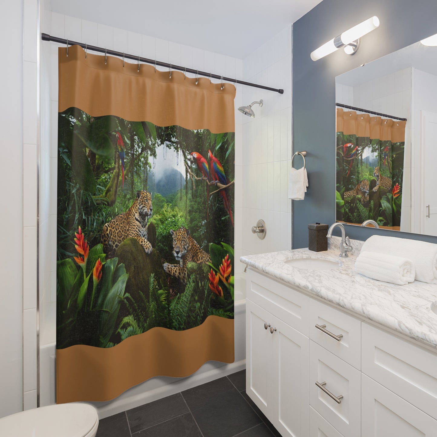 Tropical Shower Curtain - Rainforest Bathroom Decor / Jaguars and Parrots/Light Brown