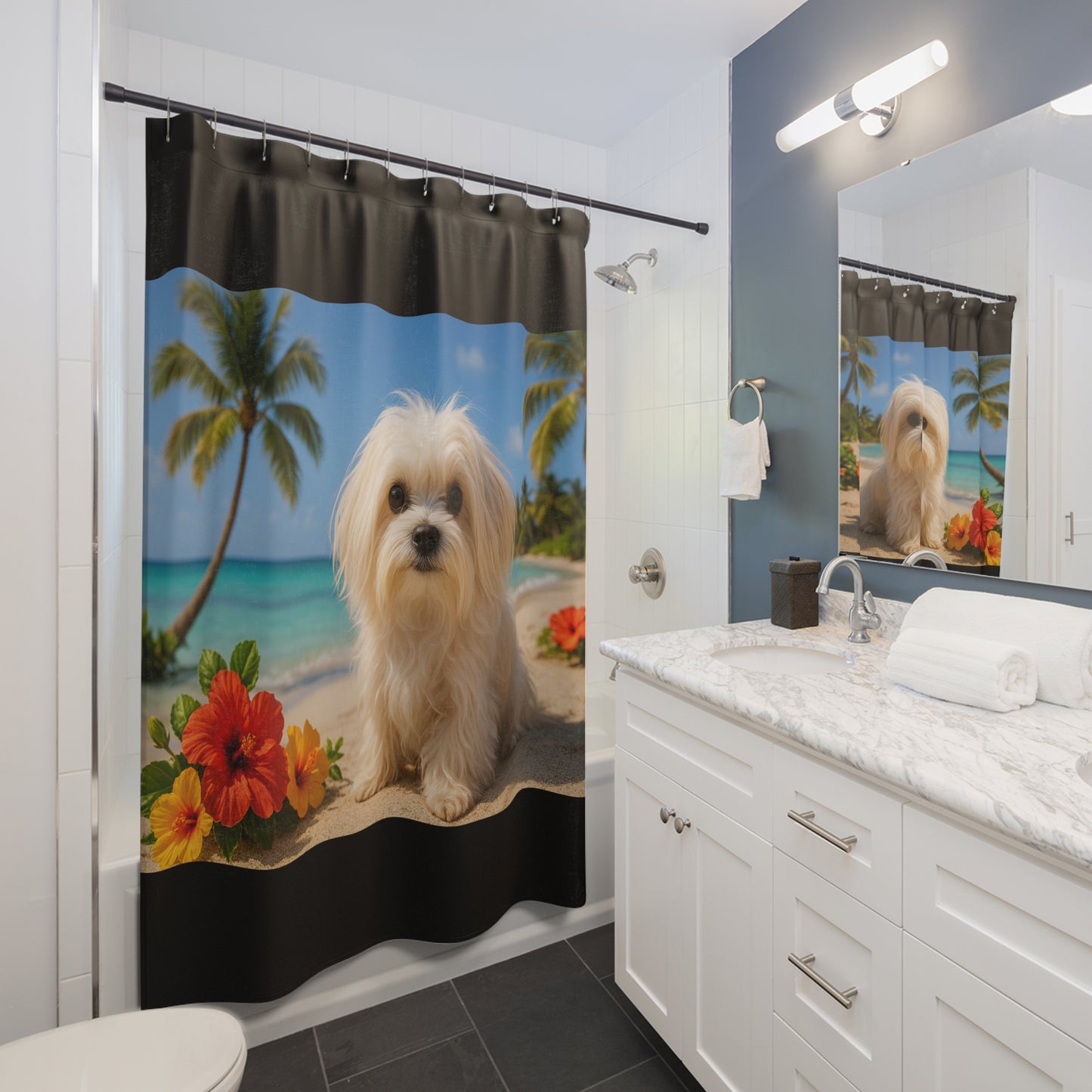 Tropical Shower Curtain - Rainforest Bathroom Decor / Puppy Ariel at the Beach, Black