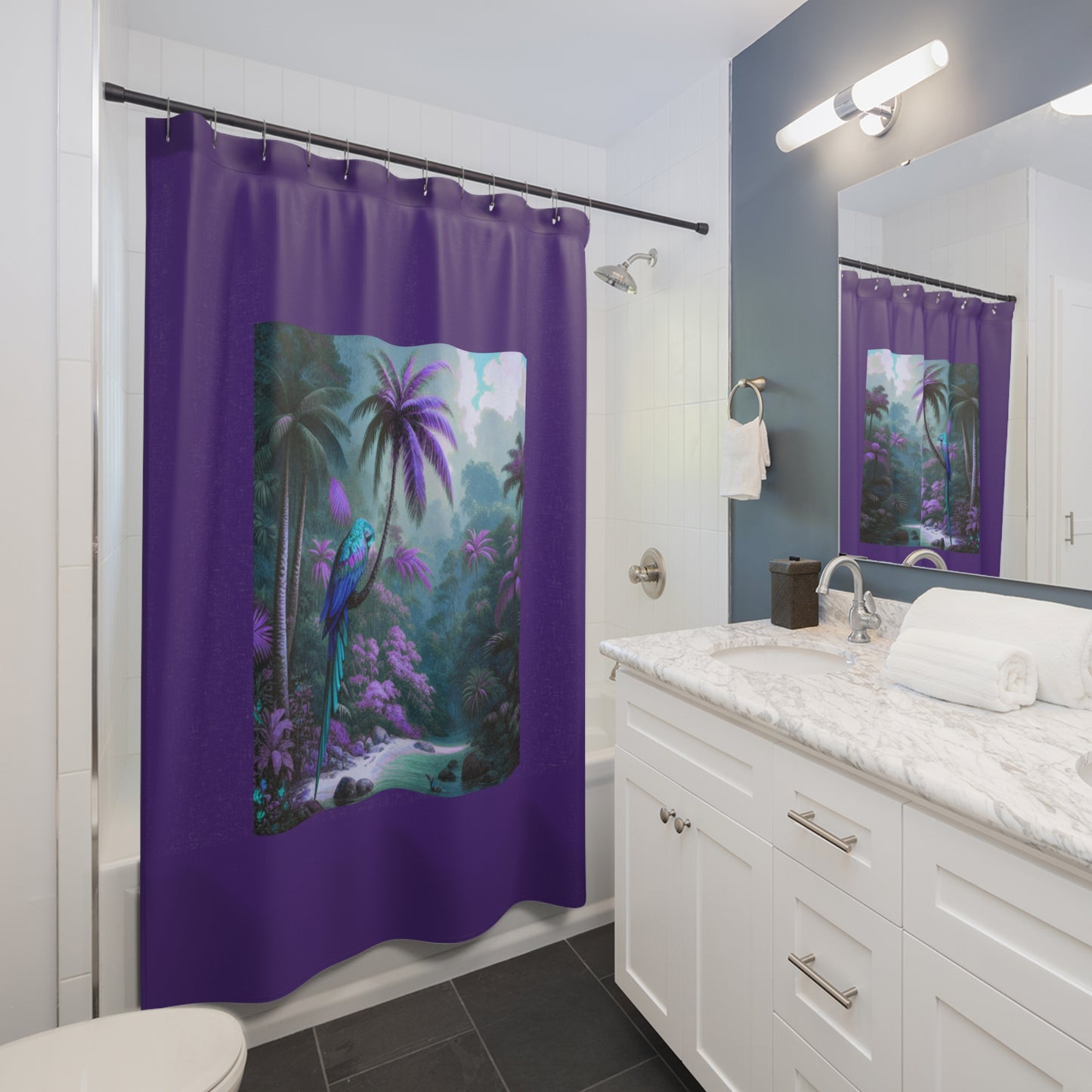 Tropical Shower Curtain - Rainforest Bathroom Decor / Sleeping Beauty Parrot Fantasy, Purple