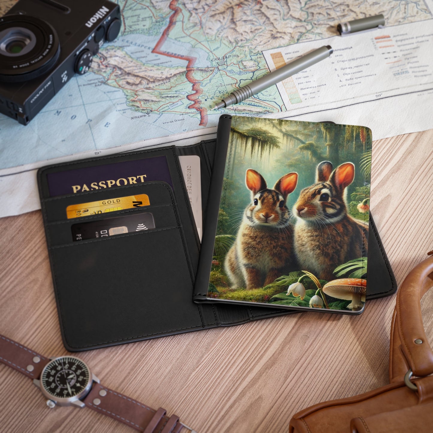 Tropical Passport Cover, Faux Leather - RFID blocking for travel security / Rainforest Sumatran Rabbits