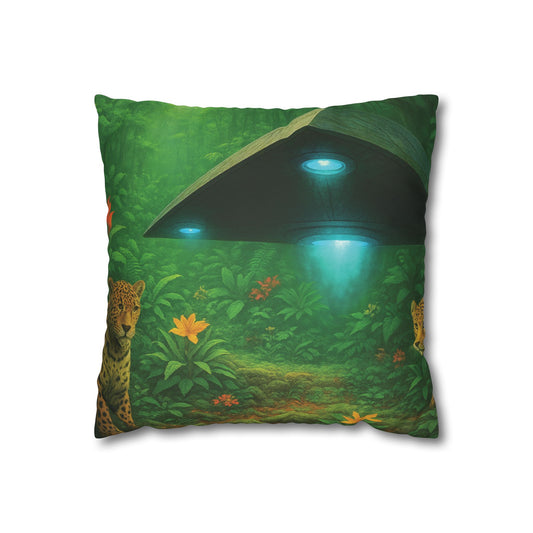 Faux Suede Square Pillowcase - UFO and Jaguars in Rainforest