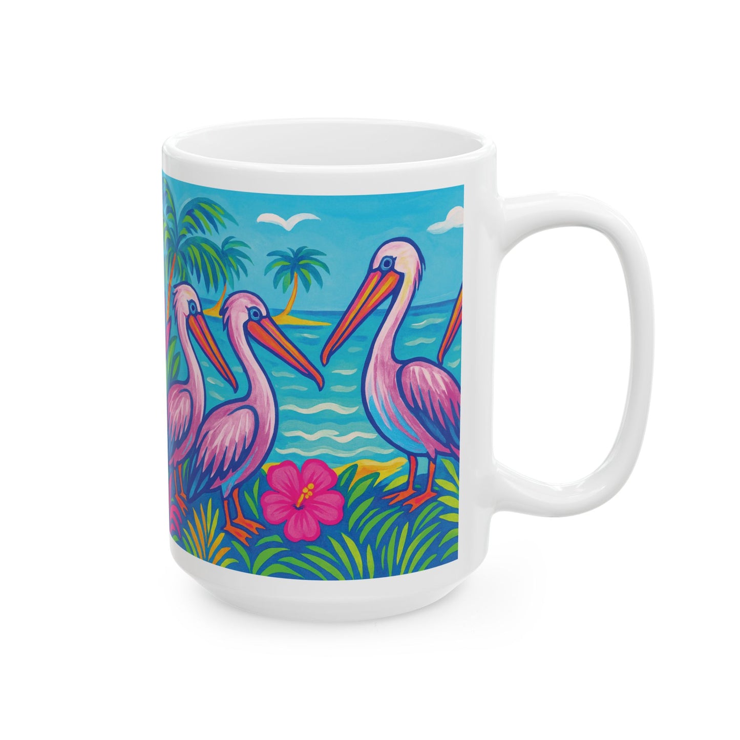 Ceramic White Mug - 11oz & 15oz, / Beach Pelican Party