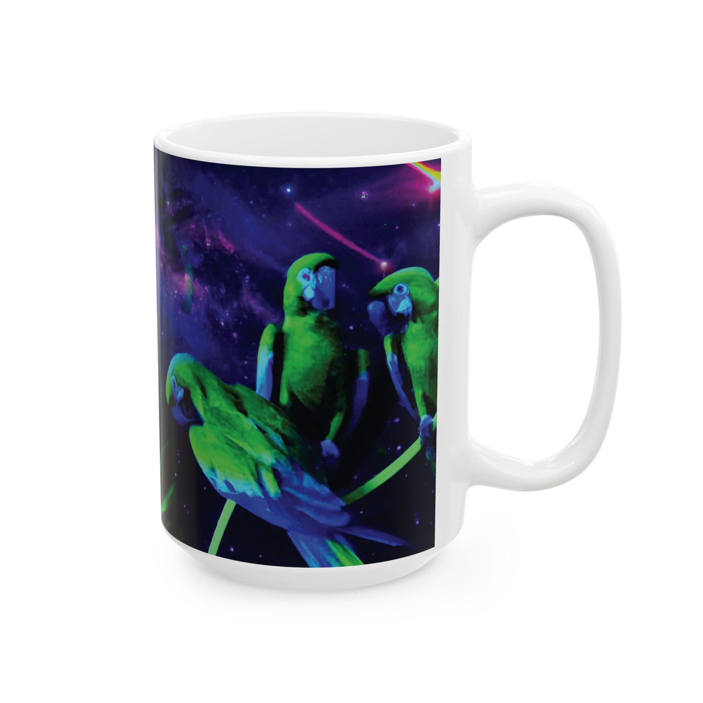 Ceramic White Mug - 11oz & 15oz, Galactic Parrot, 2 Sides