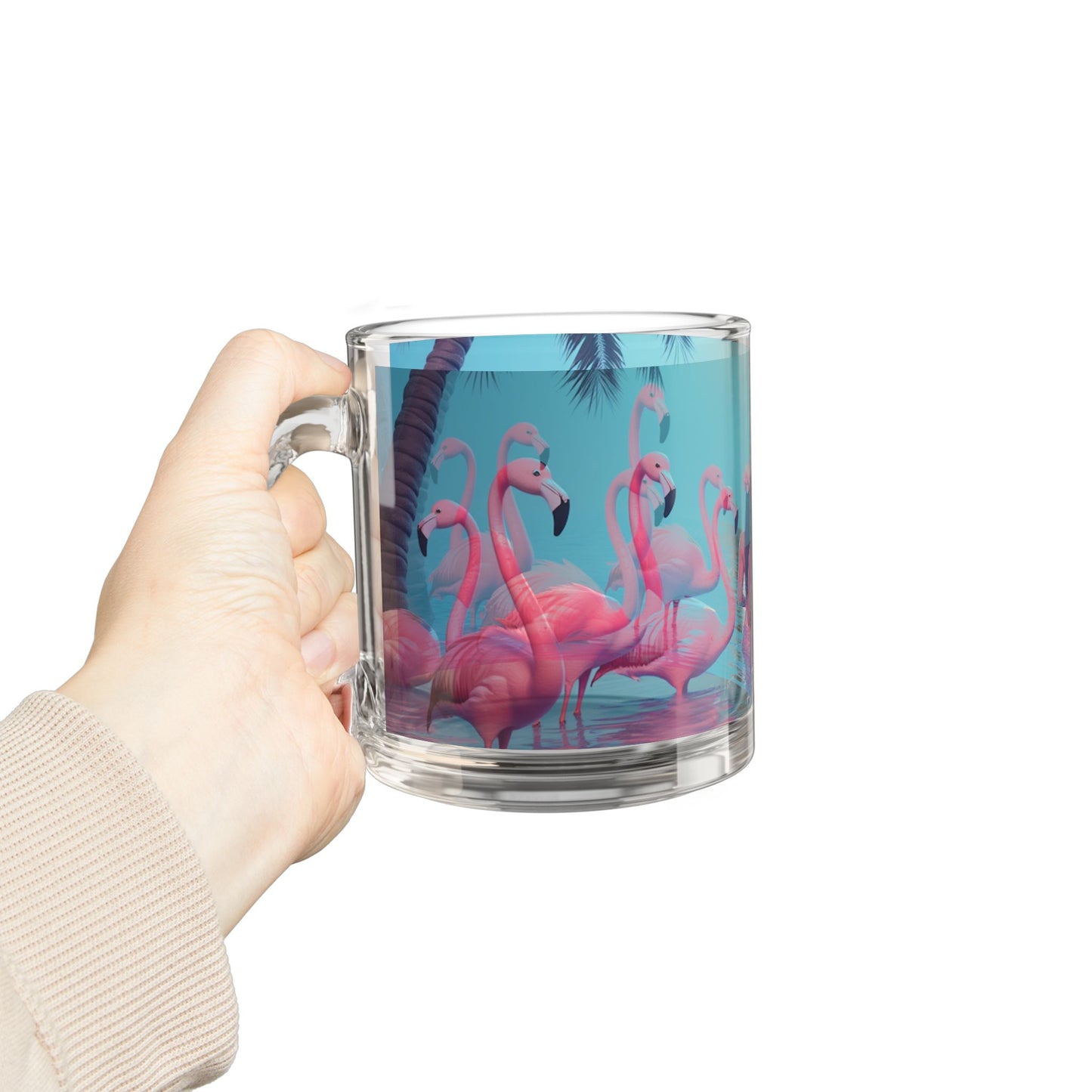 Tropical Glass Mug - 10oz Coffee Cup / Moonlit Mermaid and Flamingos
