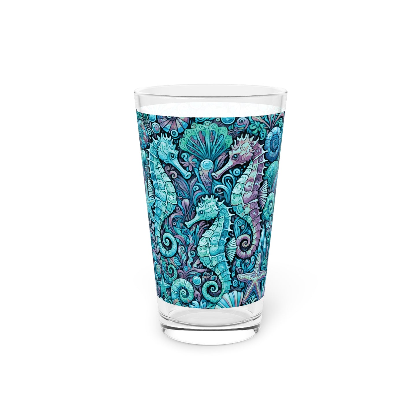 Pint Glass, 16oz - Seahorse Trio Turquoise