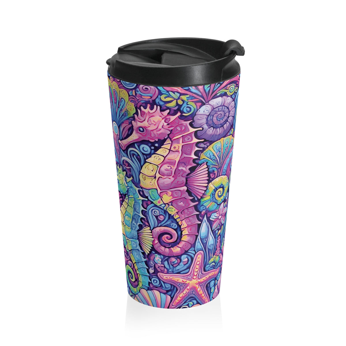 15 oz. Stainless Steel Travel Mug / Seahorse Trio Pink Fiesta
