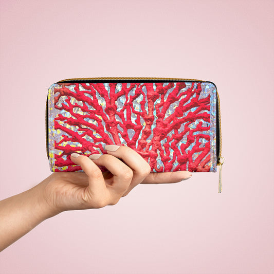 Tropical Zipper Wallet, Faux Leather / Vibrant Clutch / Disco Red Coral