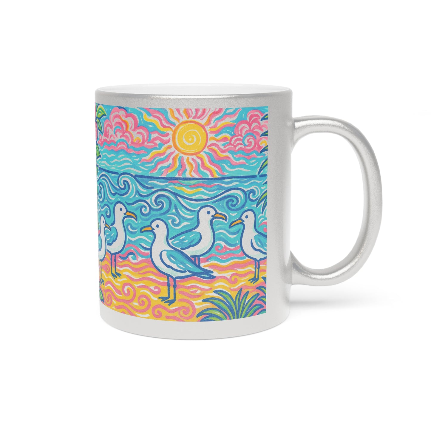 Tropical Metallic Mug, Gold or Silver - Tropical Beach Seagulls