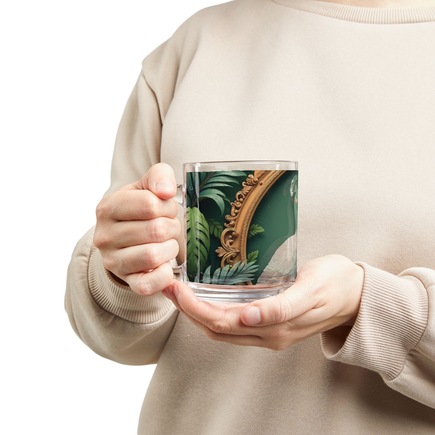 Tropical Glass Mug - 10oz Coffee Cup / White Peacocks