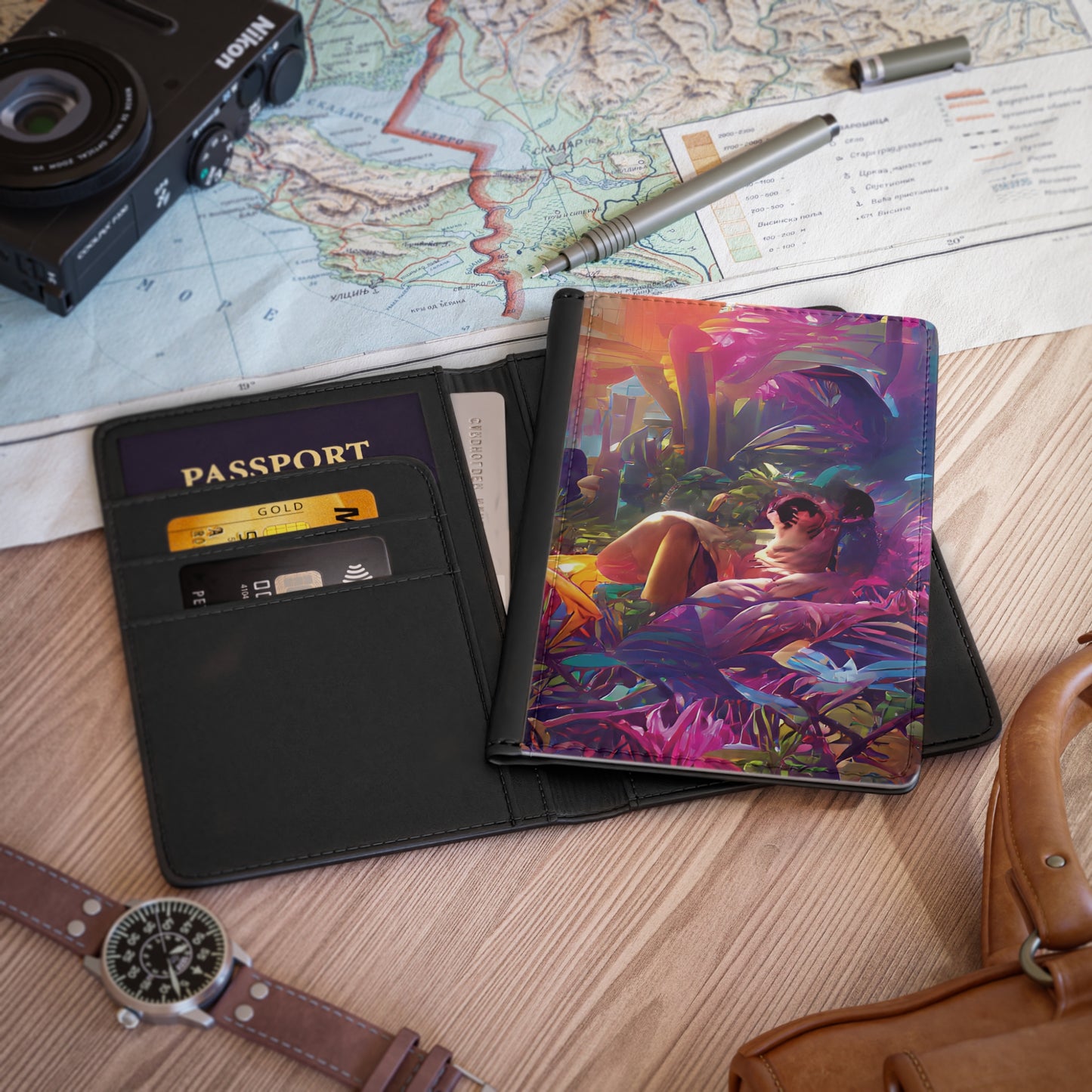 Tropical Passport Cover, Faux Leather - RFID blocking for travel security / Midnight Kiss in Secret Garden