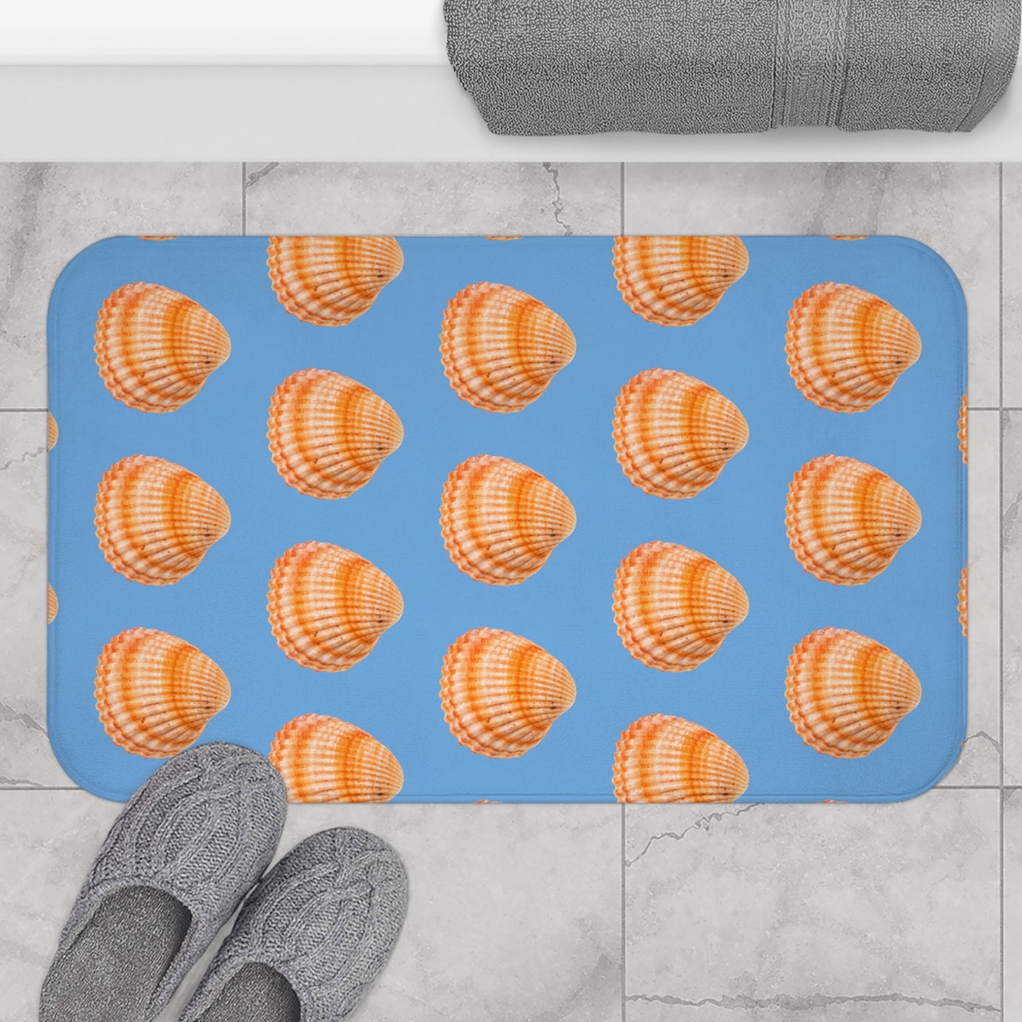 Orange Scallop Shell Bath Mat, 2 Sizes, Lt. Blue - Tropical Vibes for Home Decor