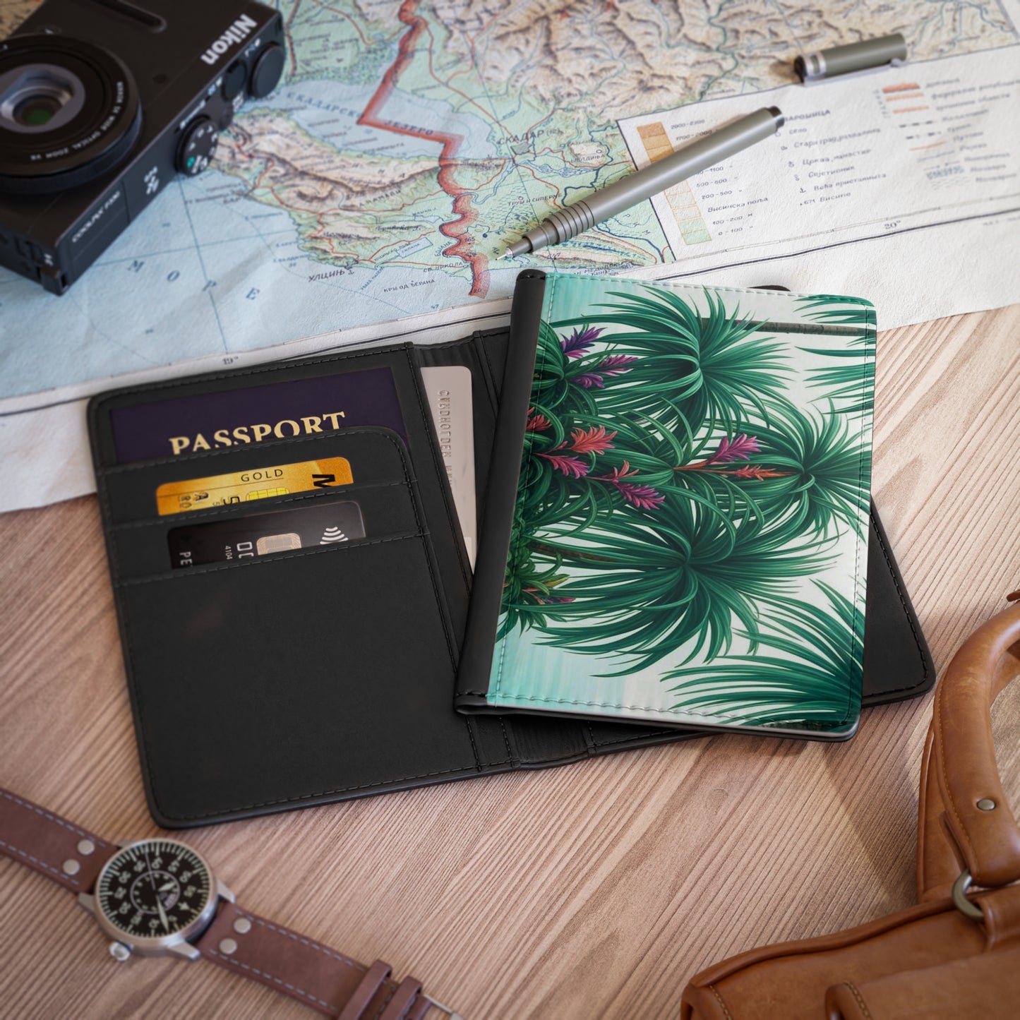 Tropical Passport Cover, Faux Leather - RFID blocking for travel security / Tiny Palm Island