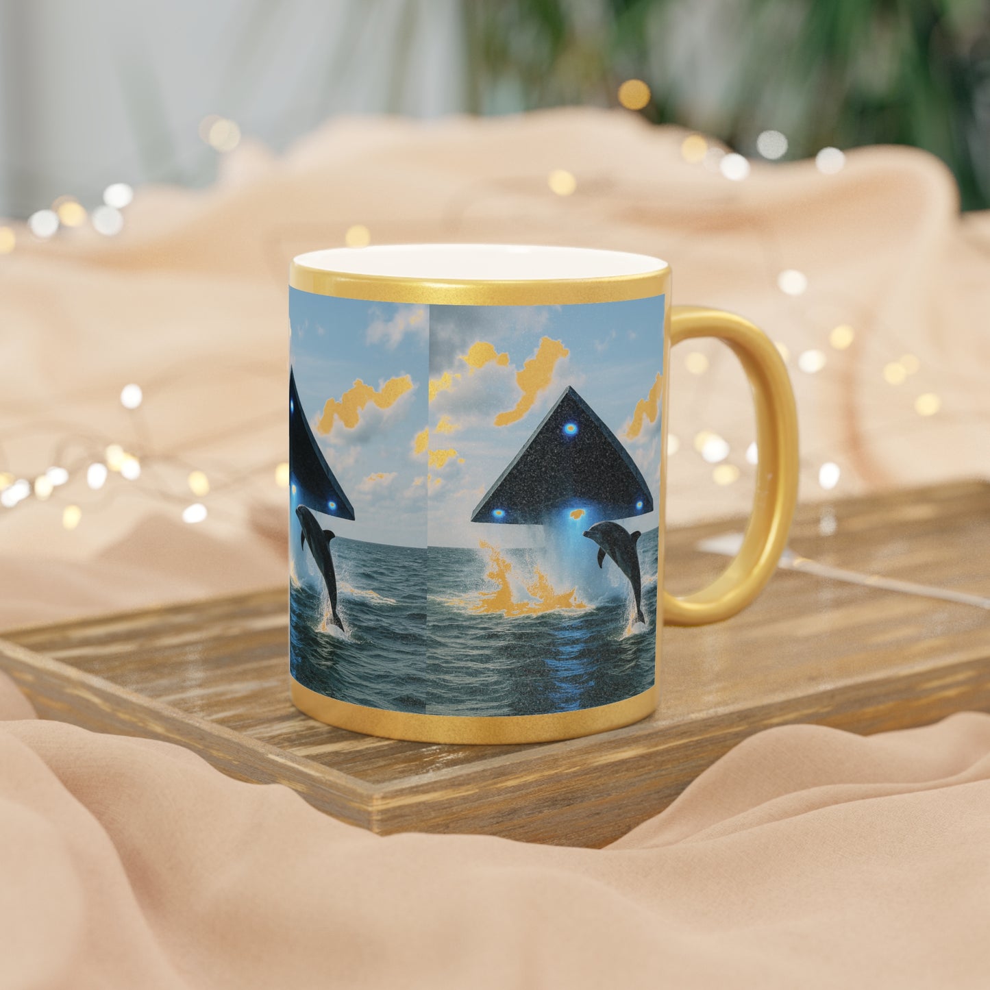 Tropical Metallic Mug, Gold or Silver - UFO and Dolphin