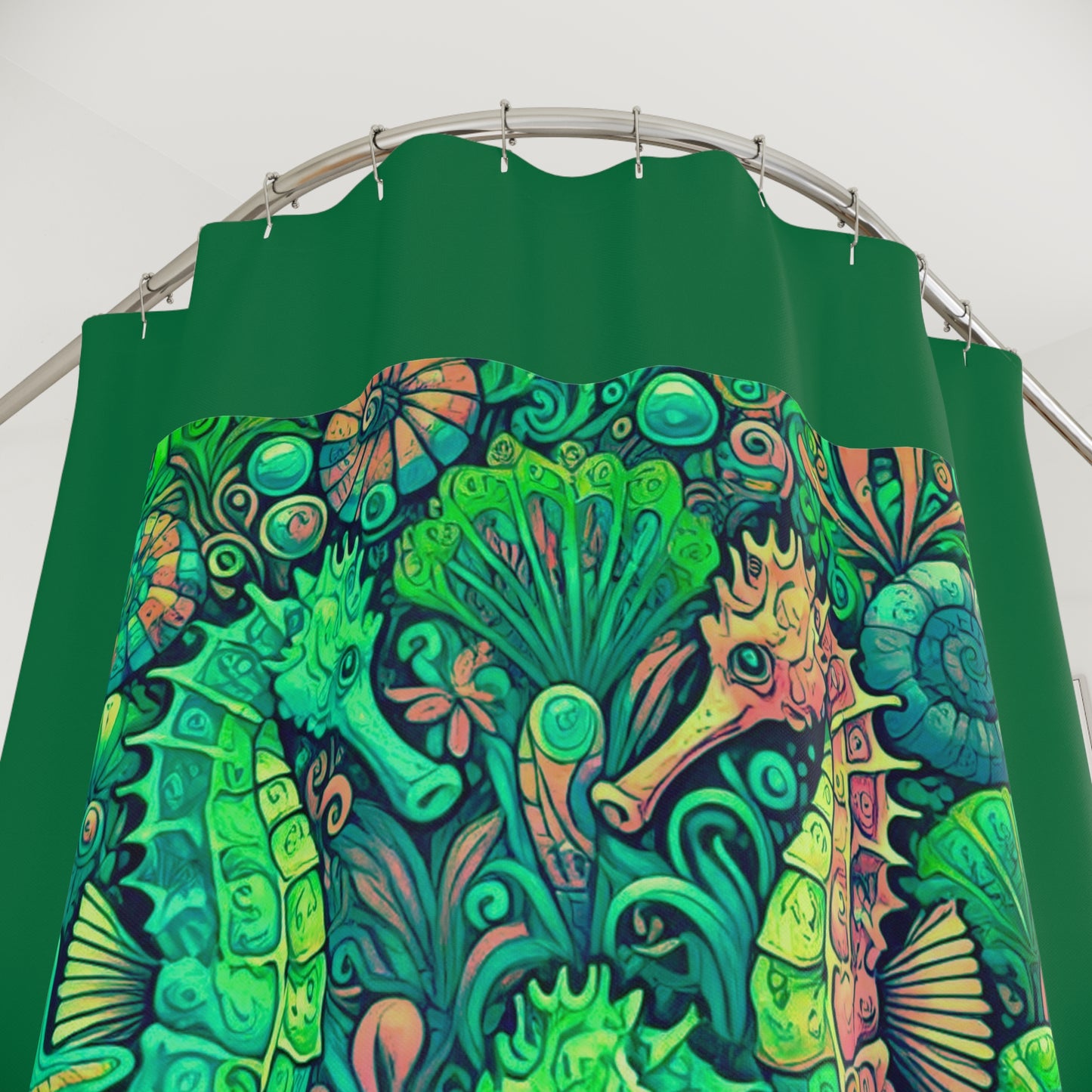 Tropical Shower Curtain - Ocean Bathroom Decor / Seahorse Trio Hot Lime/Dark Green