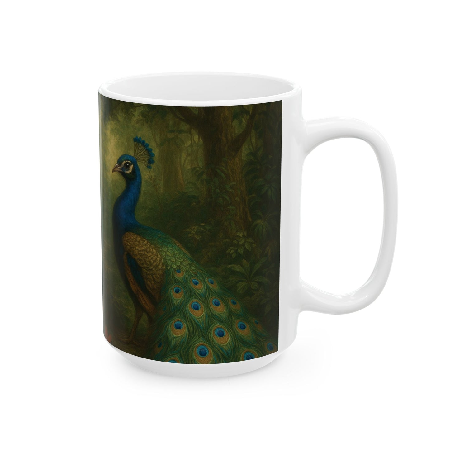 Ceramic White Mug - 11oz & 15oz, Puppy Ariel and Peacock