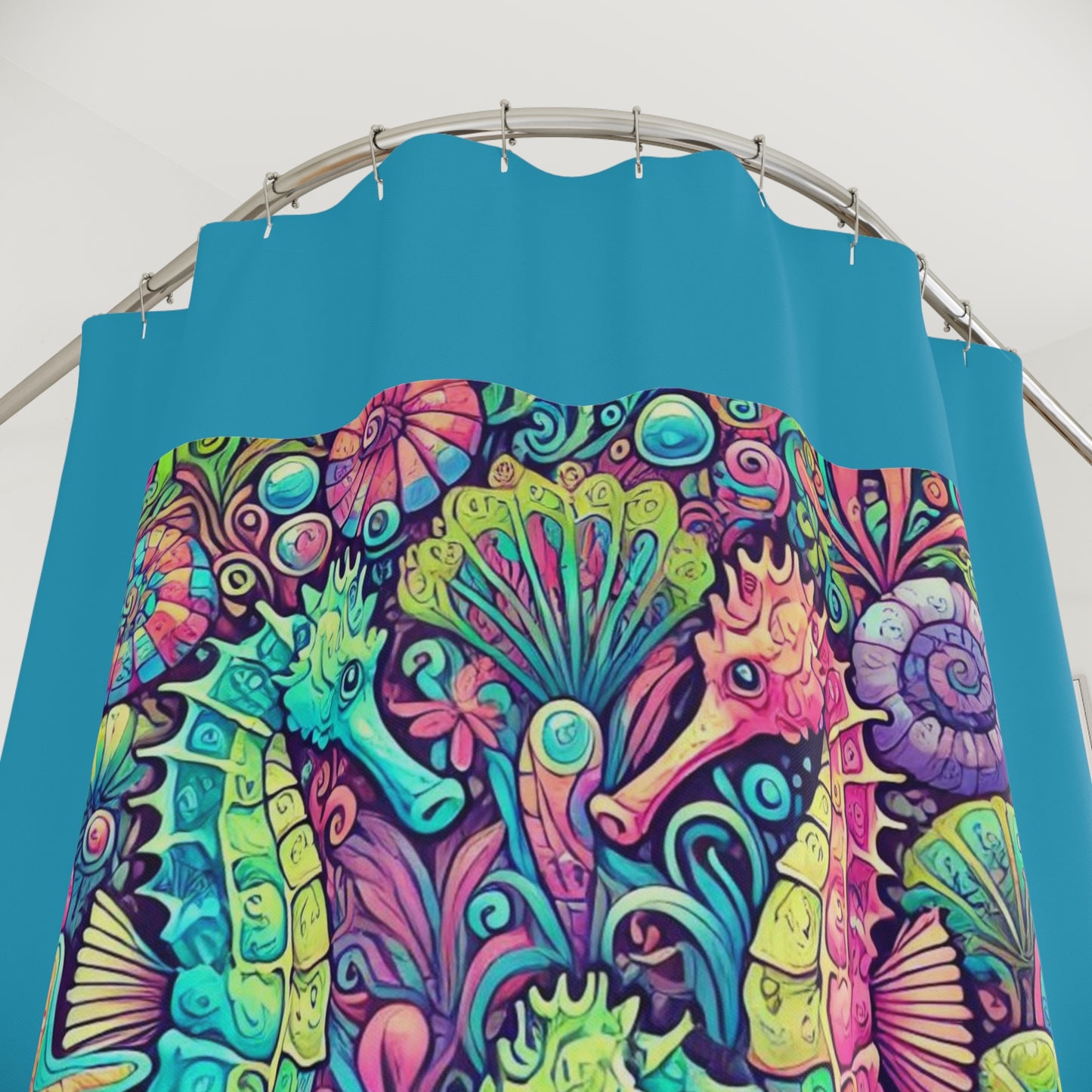 Tropical Shower Curtain - Ocean Bathroom Decor / Seahorse Trio/Turquoise