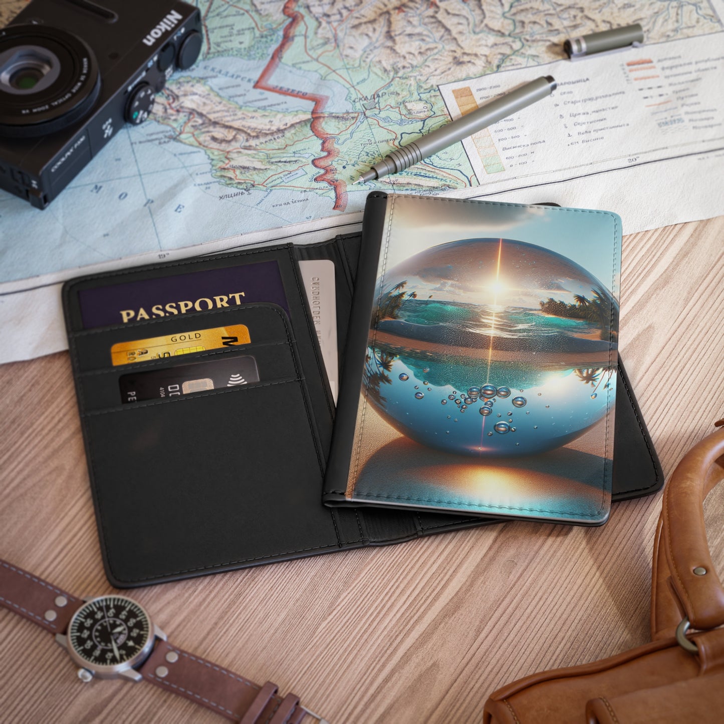 Tropical Passport Cover, Faux Leather - RFID blocking for travel security / Beach Illusino Ball, Sunrise