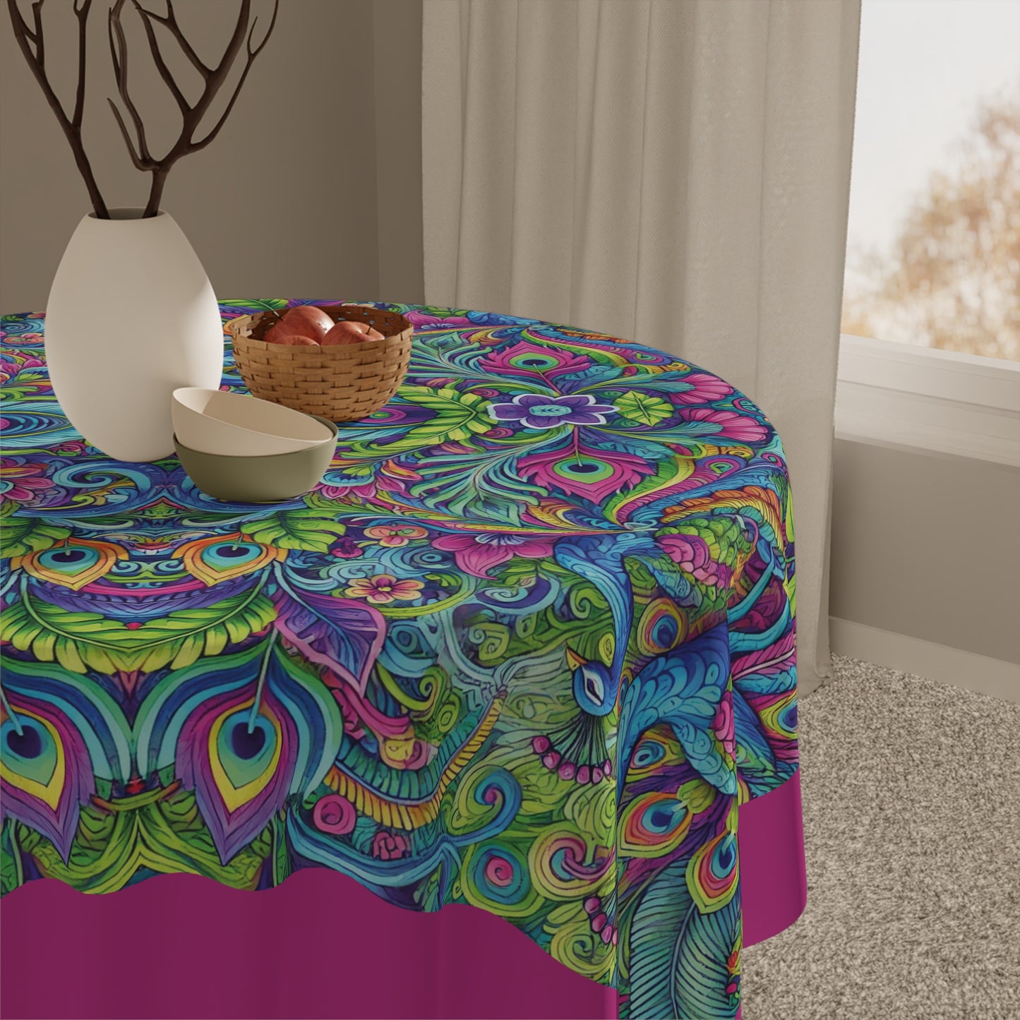 Peacock Prism/Pink ~ Square Tablecloth, 55" x 55"