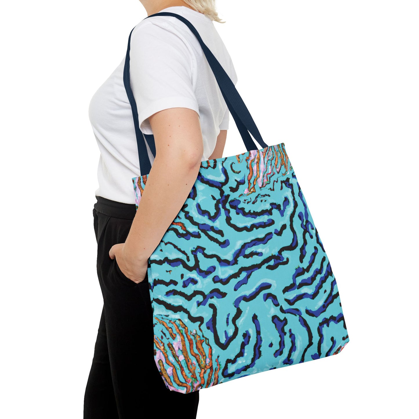 Polyester Tote Bag, 3 Sizes / Wild Coral Reef/Turquoise
