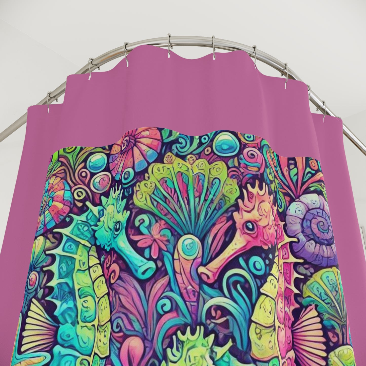 Tropical Shower Curtain - Rainforest Bathroom Decor / Seahorse Trio/Lt. Pink