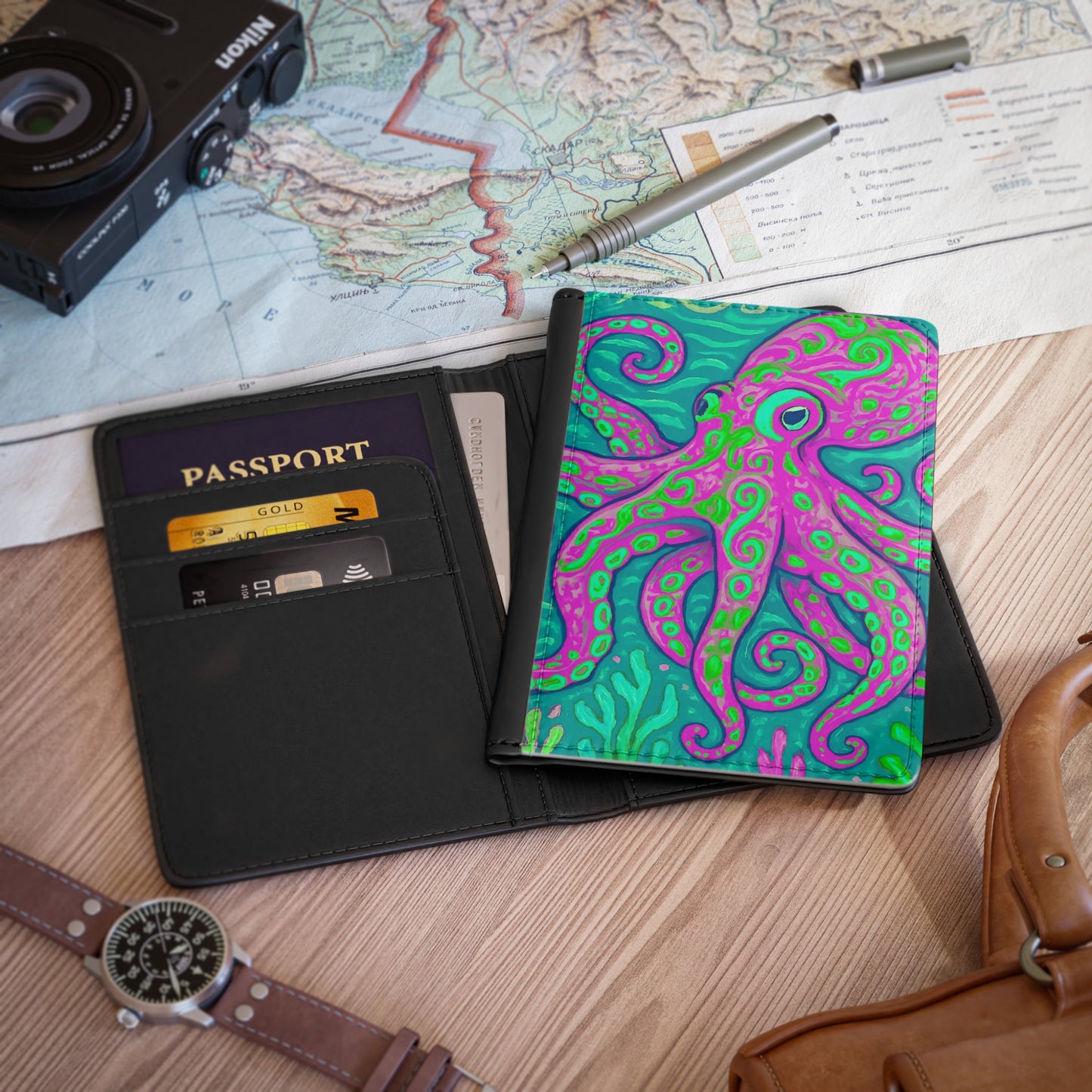 Tropical Passport Cover, Faux Leather - RFID blocking for travel security / Octopus Kraken Joe Purple