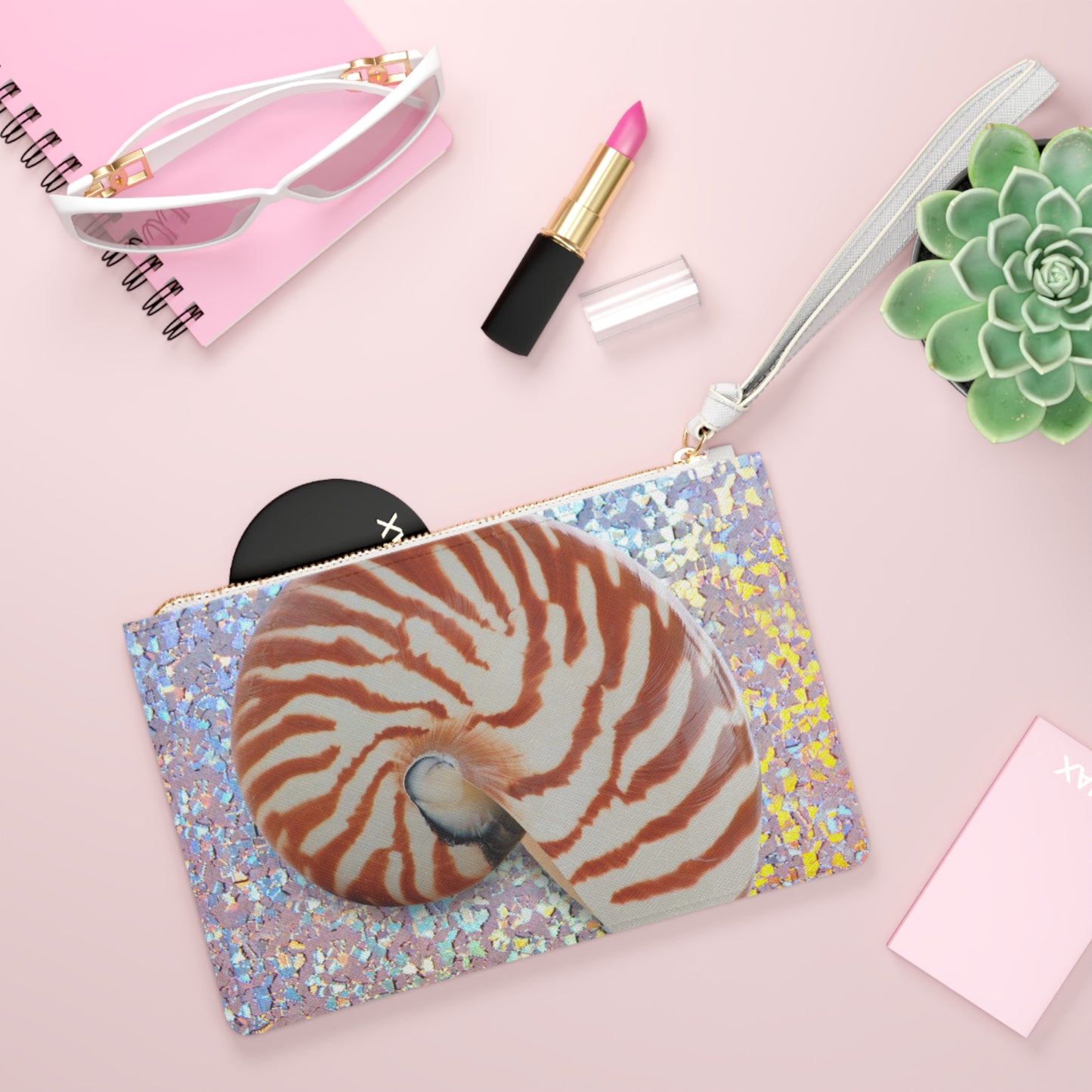 Tropical Faux Leather Clutch Bag - Perfect for Beach Adventures & Summer Vacations / Disco Tiger Stripe Nautilus Shell