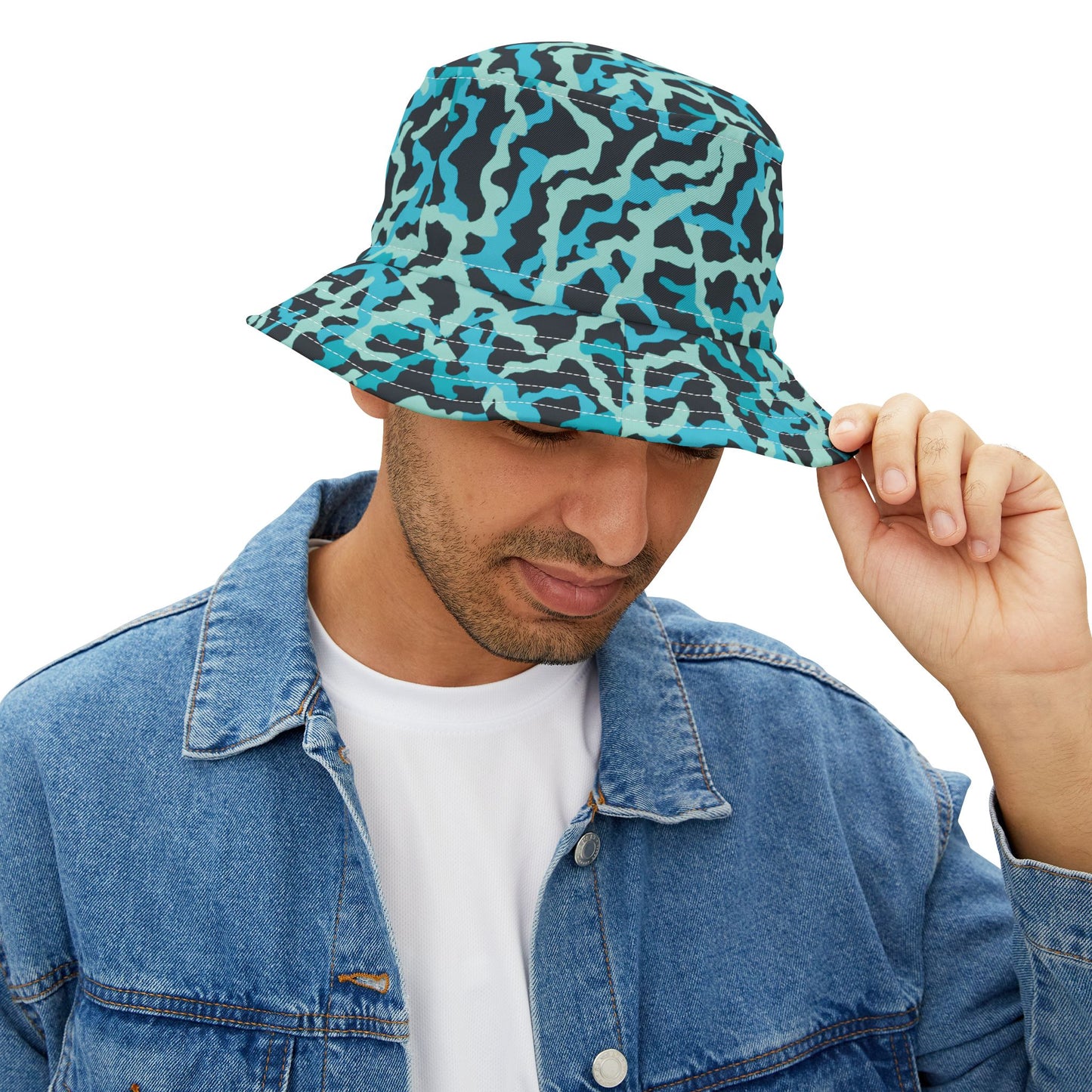 Tropical Polyester Bucket Hat, 2 Sizes - Coral Threads/Turquoise