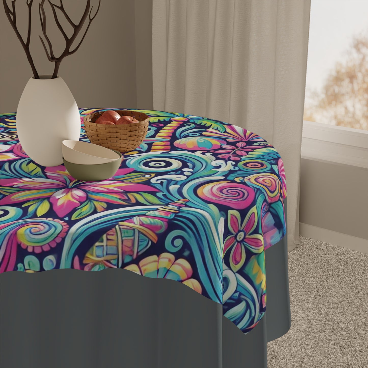 Happy Tropics/Dark Grey ~ Square Tablecloth, 55" x 55"