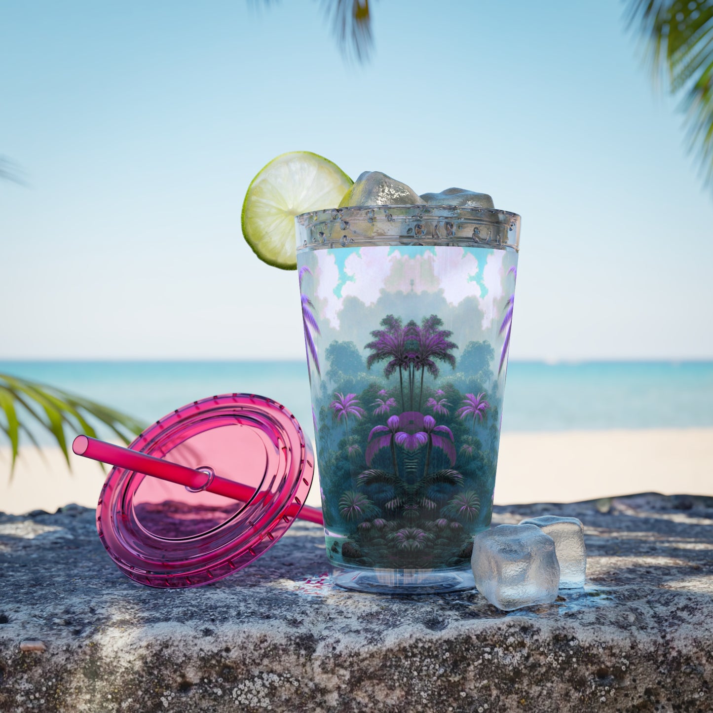 Tropical Tumbler with Straw | 16oz Colorful Travel Cup / Sleeping Parrot/Fantasy