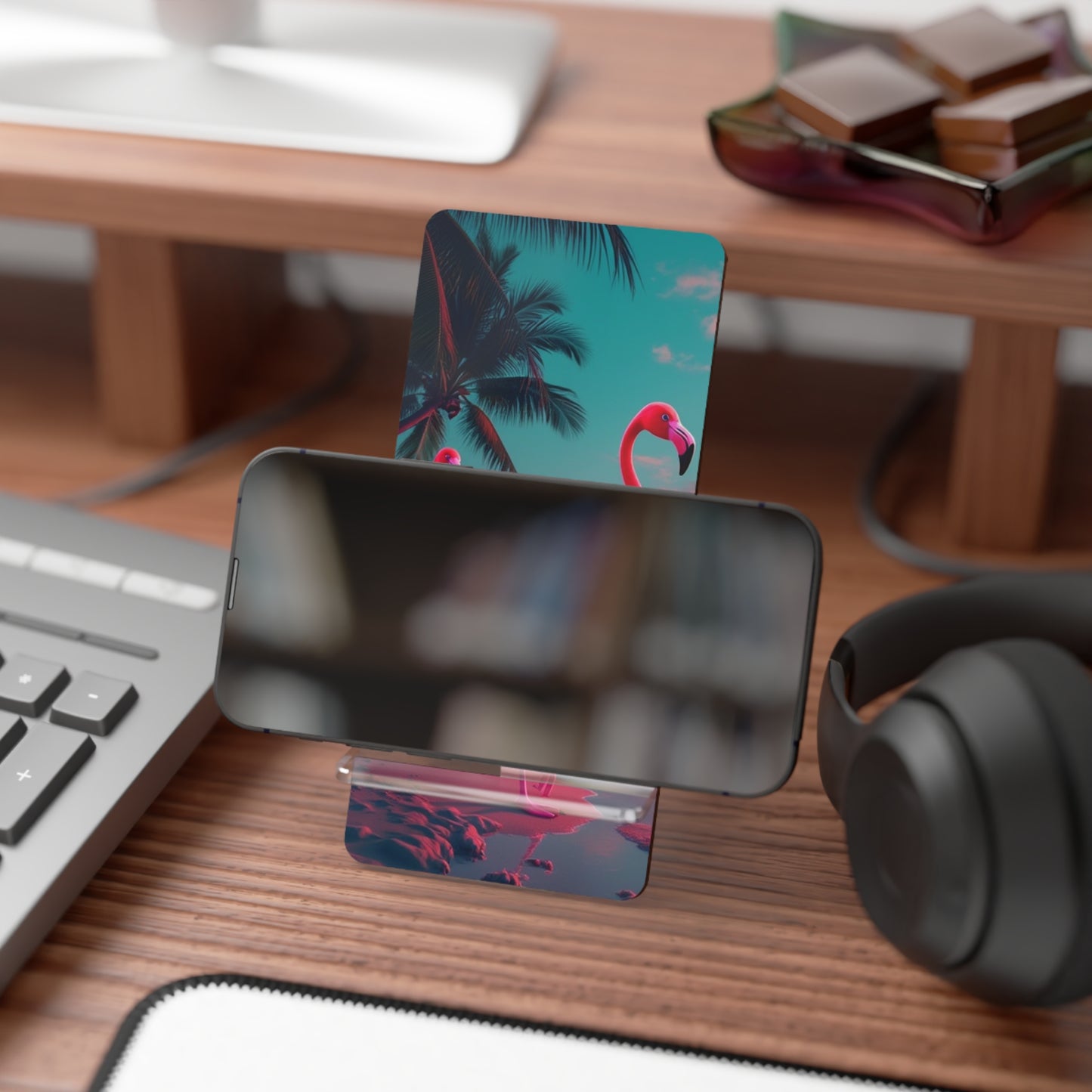 Mobile Display Stand for Smartphones, Neon Flamingos at Night