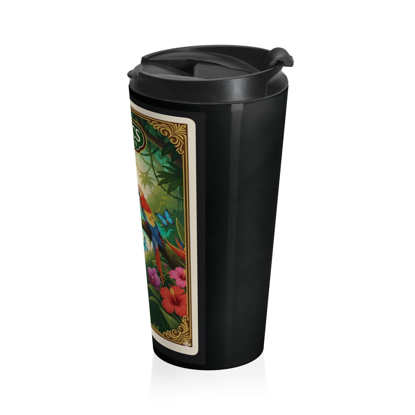 15 oz. Stainless Steel Travel Mug / Parrot & Friends, Black