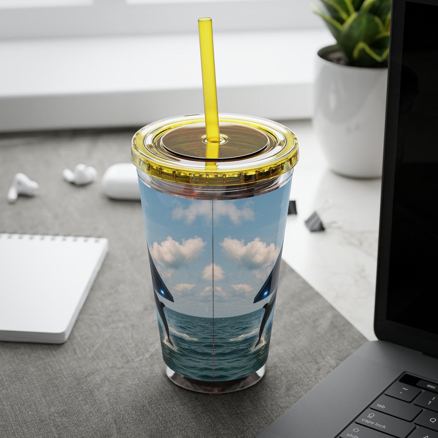 Tropical Tumbler with Straw | 16oz Colorful Travel Cup / UFO and Dolphin