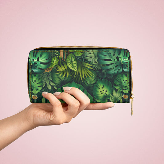Tropical Zipper Wallet, Faux Leather / Vibrant Clutch / Rainforest Greenery