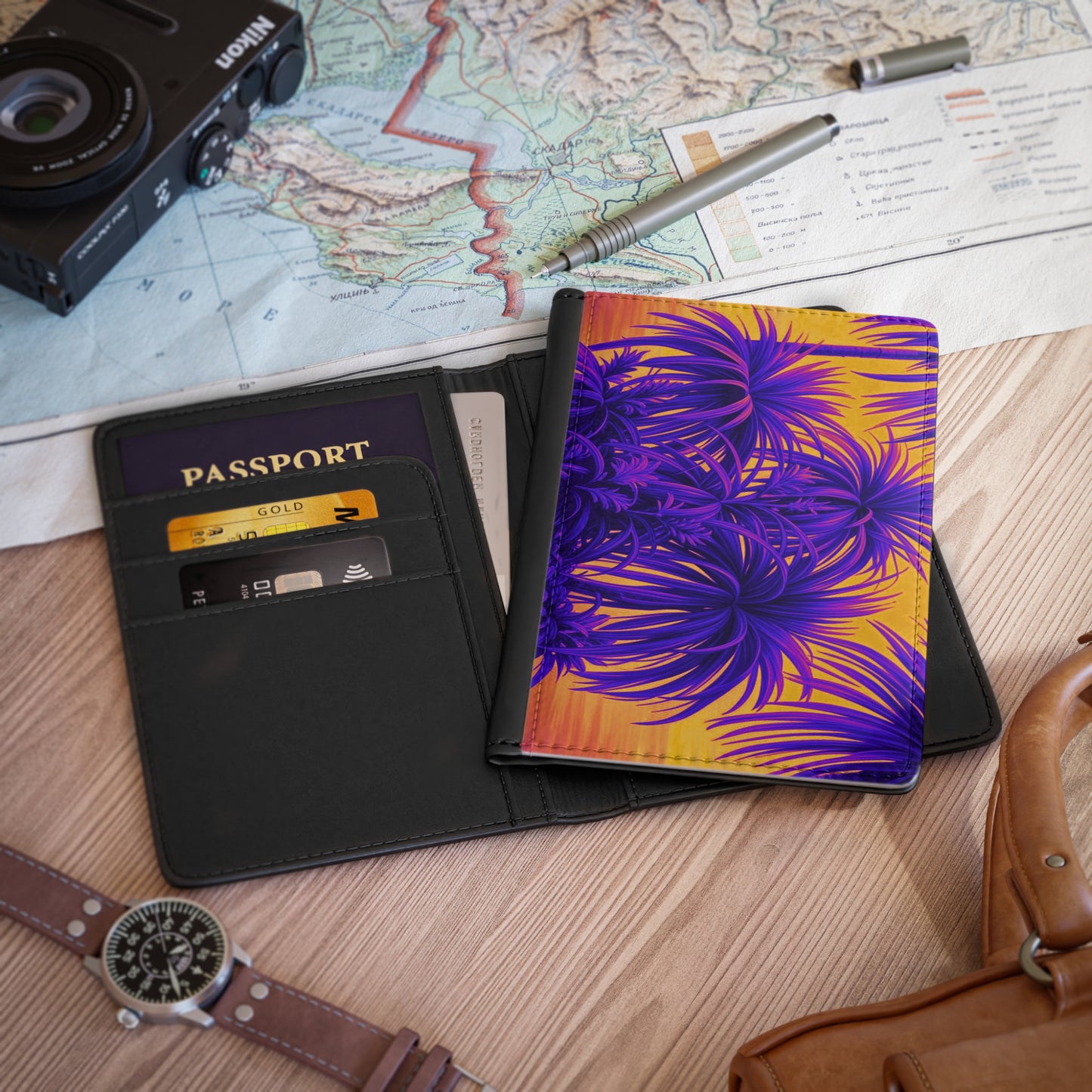 Tropical Passport Cover, Faux Leather - RFID blocking for travel security / Tiny Palm Island, Pop