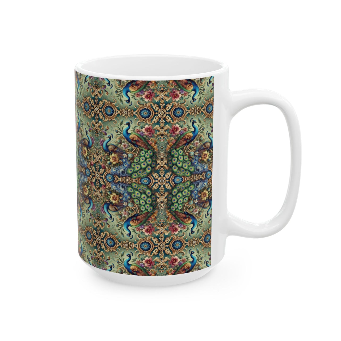 Ceramic White Mug - 11oz & 15oz, Kaleido Peacock Royals
