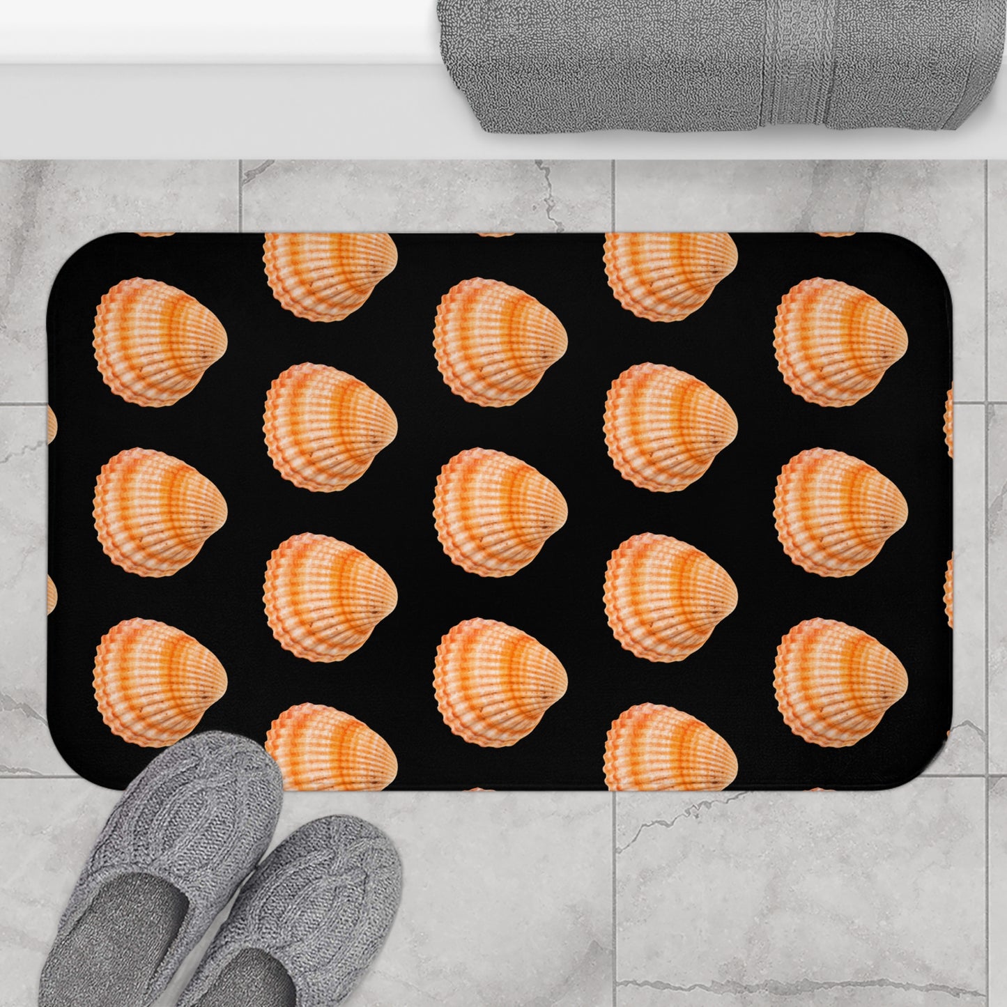 Orange Scallop Shell Bath Mat, 2 Sizes, Black - Tropical Vibes for Home Decor